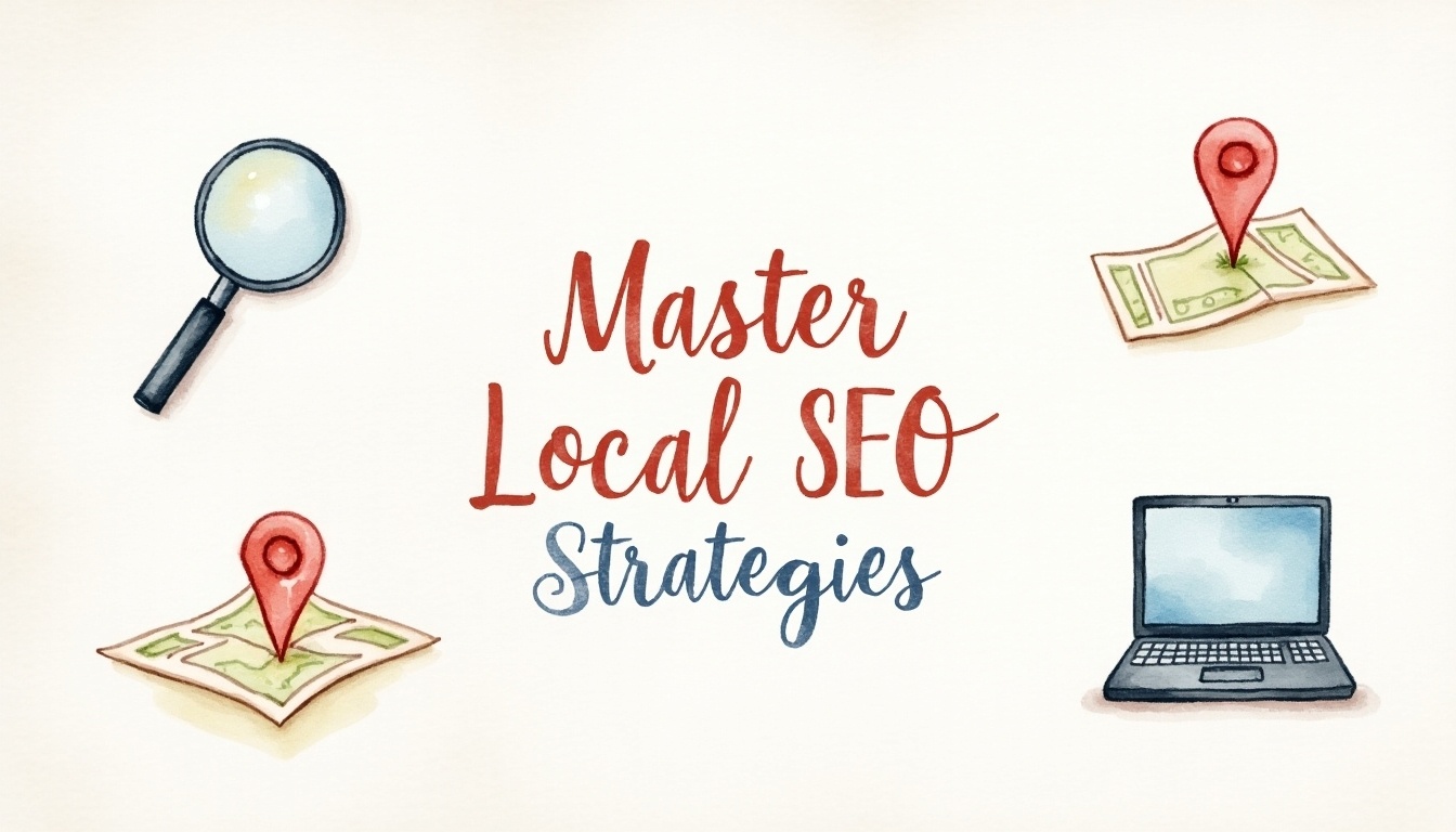 Local SEO strategies involve optimizing online presence with maps, laptops, and research tools like the magnifying glass for improved visibility and targeted traffic to local businesses.