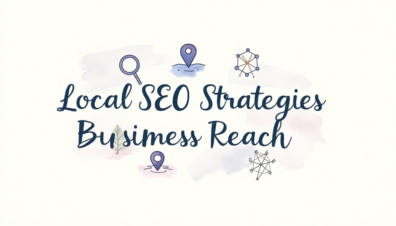 Local SEO strategies for businesses, featuring magnifying glasses, location pins, and network graphs on a watercolor background, enhancing online visibility and search rankings for local businesses.