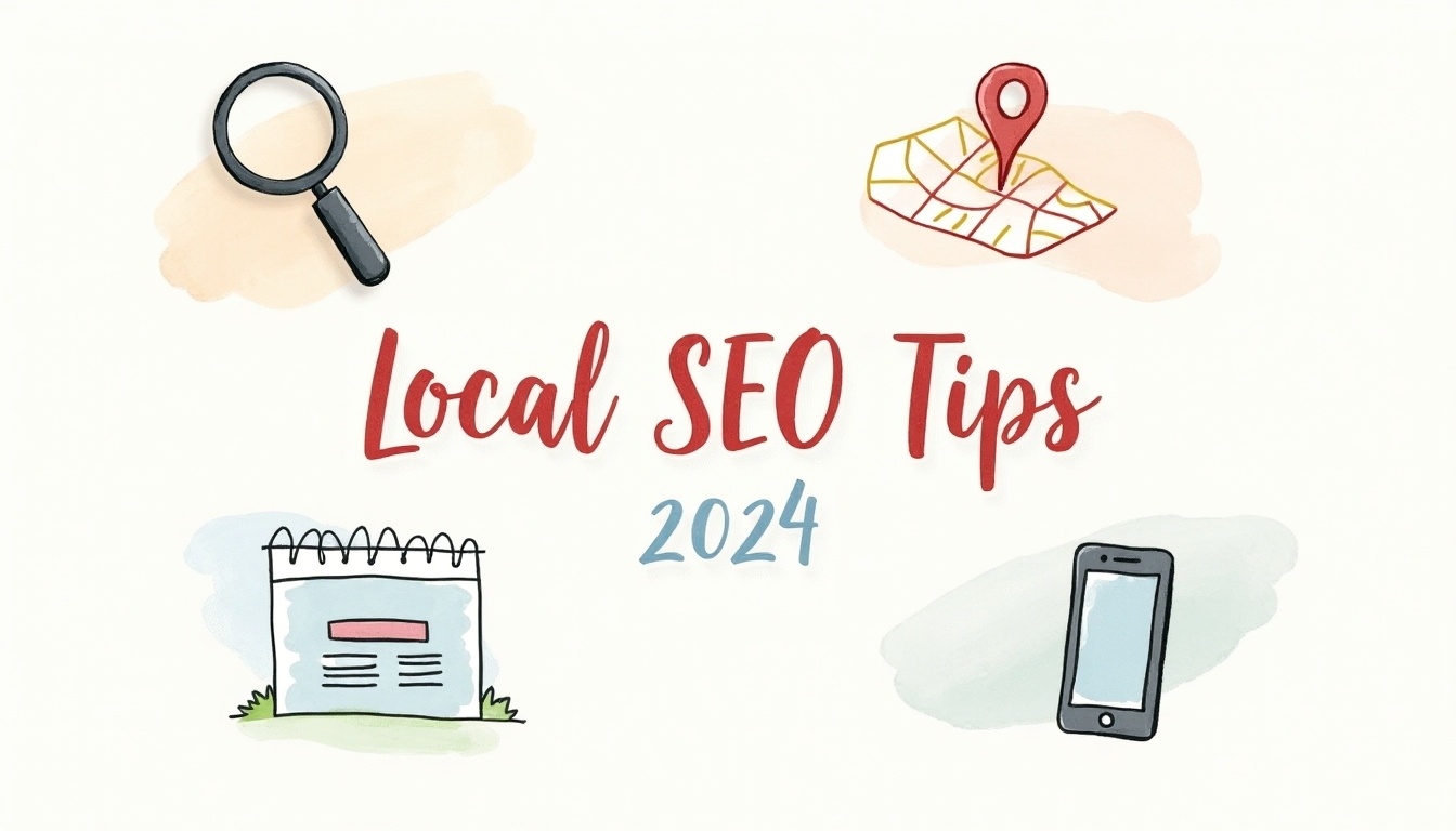 Local search optimization strategies with a magnifying glass, map pin, calendar, and smartphone illustrations for improving online presence and visibility in local search results 2024.