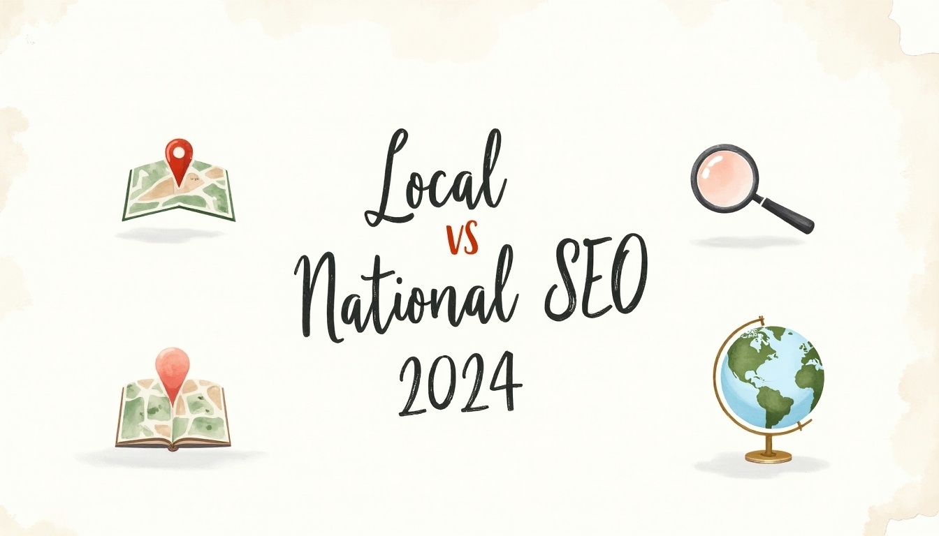 Local vs national search optimization strategies for targeted online visibility, comparing global and local SEO using map, globe, and magnifying glass illustrations.