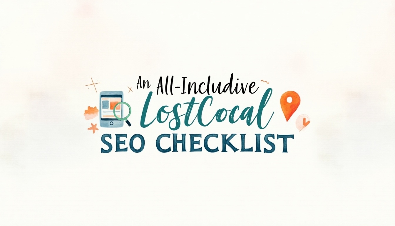 A comprehensive local SEO checklist with smartphone, magnifying glass, and location pin on a white background, featuring decorative elements for optimizing online presence and business listings effectively.