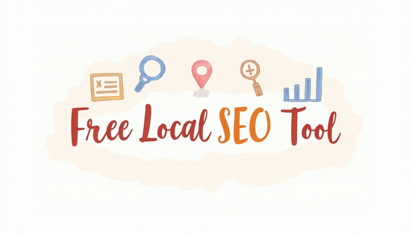 Local SEO tool with icons promoting optimized online presence, improving search engine rankings, and enhancing local search visibility through analytics and location-based search optimization.