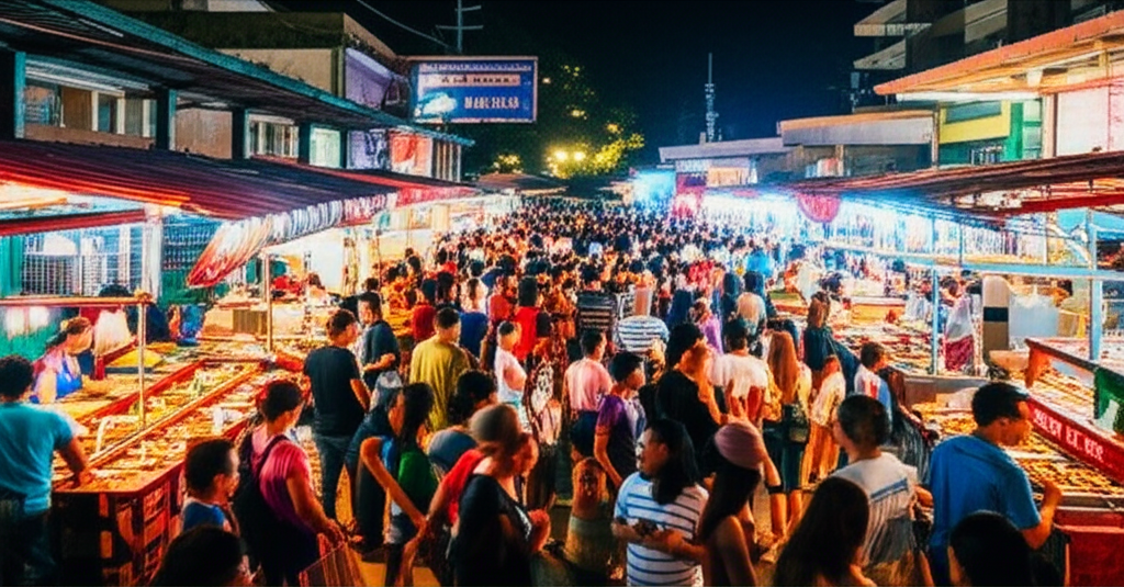 Night market scene with vibrant stalls selling local cuisine and goods, surrounded by colorful lights and lively atmosphere, perfect for exploring Southeast Asian culture and flavors.